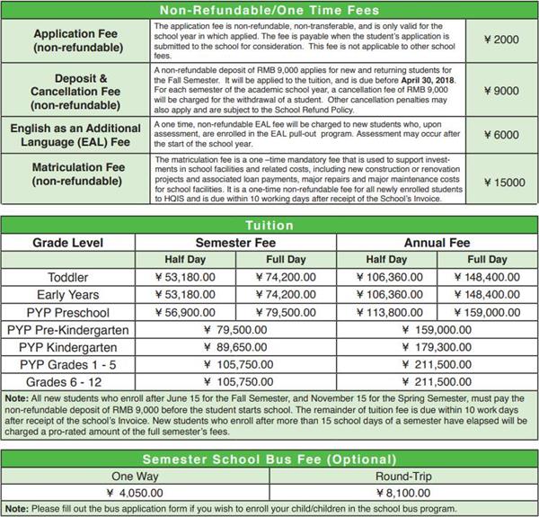 上海虹桥国际外籍人员子女学校收费标准